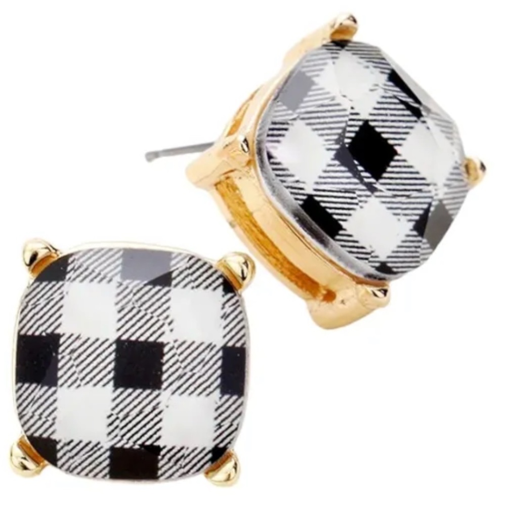 NEW White Black & Gold Buffalo Check Square Stud Fashion Jewelry Earrings
